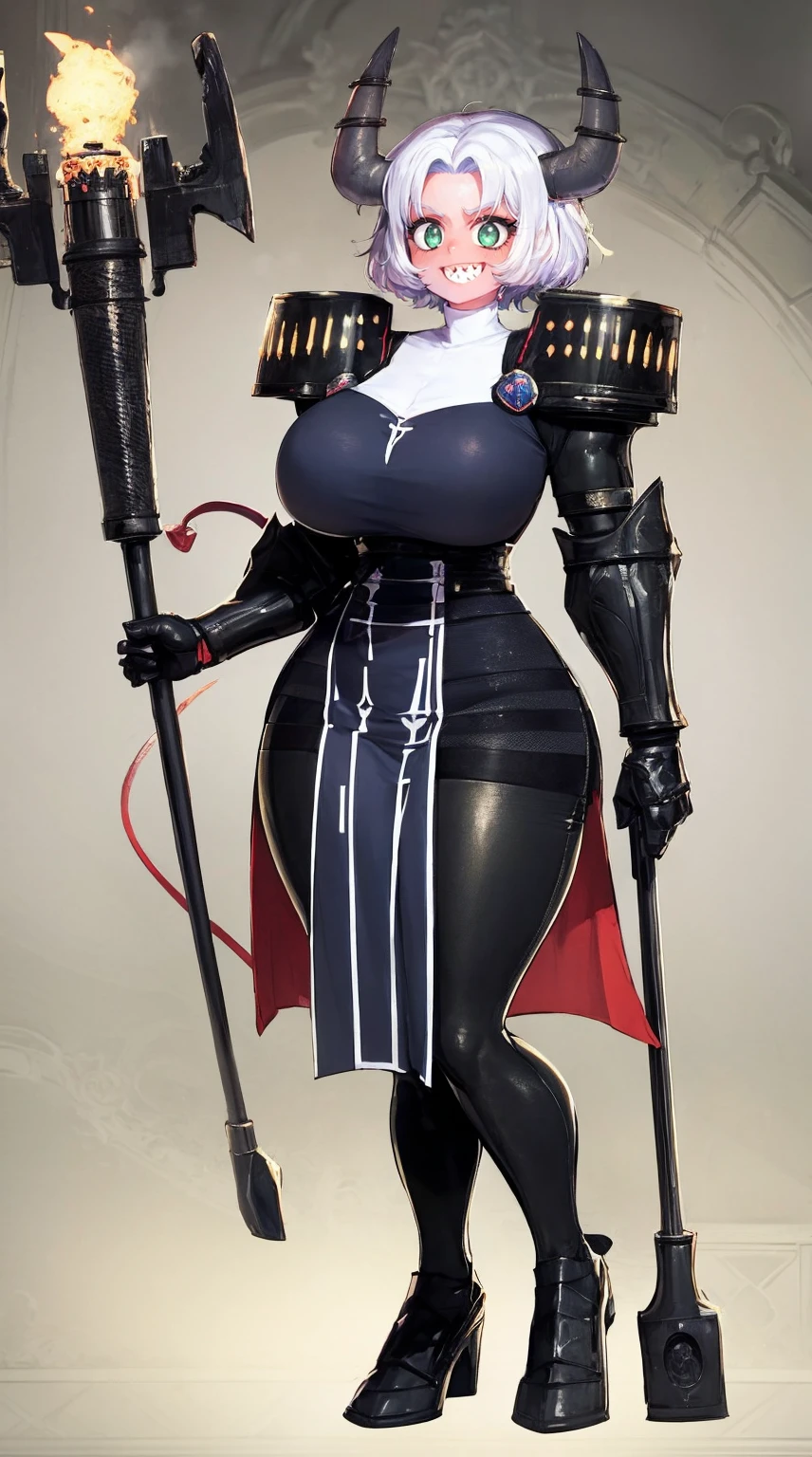 nun, demon girl, walking, , warpriesstes, silver hair, short hair, sacred gauntlets, long ski, cute smile, pure smile, love smile,,veillong skirt, pantyhose, staff holding, armor, gloves, standing, full body,sharpteeth,standing, full body, happy, joyfull