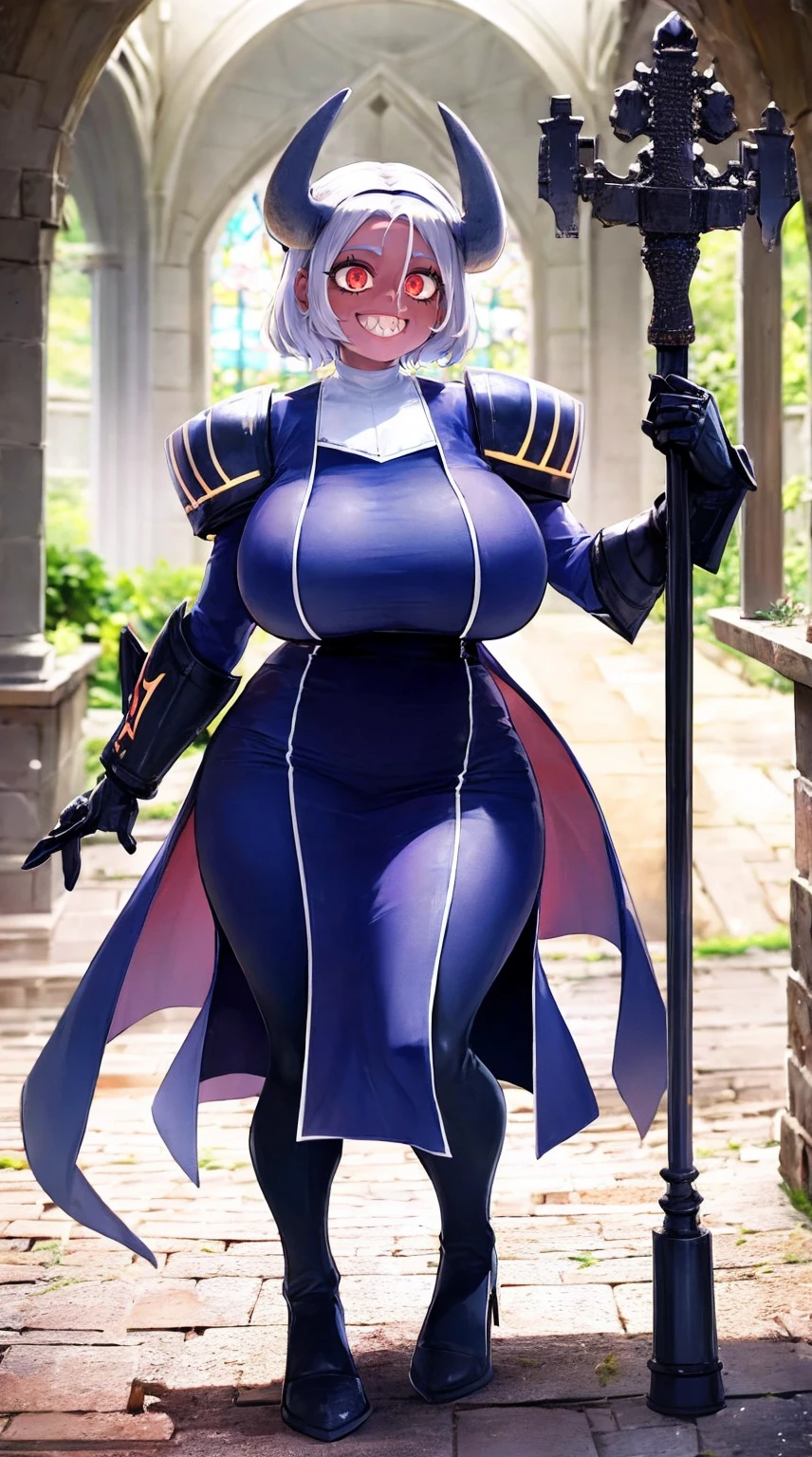 nun, demon girl, walking, , warpriesstes, silver hair, short hair, sacred gauntlets, long ski, cute smile, pure smile, love smile,,veillong skirt, pantyhose, staff holding, armor, gloves, standing, full body,sharpteeth,standing, full body, happy, joyfull