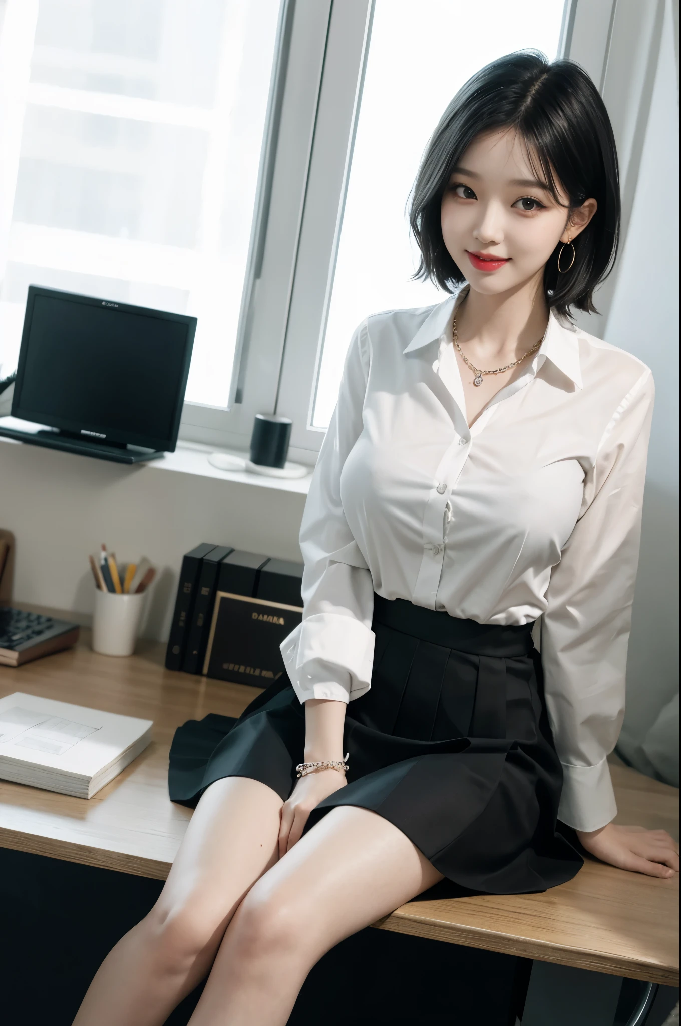 8K RAW photos, high resolution, 14 years old Korean, very large round breasts, split, formal shirt, formal skirt, Mouth is very thin, duck mouth, grinning,, Domineering posture, beautiful eye details, long eyelashes, beautiful double eyelids, eye shadow, slender eyes, Three white eyes, beautiful thin legs, necklace, earrings, short hair, Big company CEO&#39;s desk, office of large company