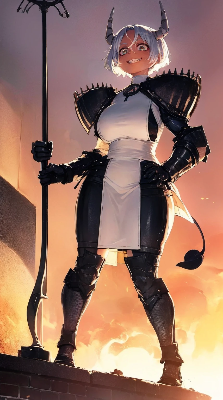 nun, demon girl, walking, , warpriesstes, silver hair, short hair, sacred gauntlets, long ski, cute smile, pure smile, love smile,,veillong skirt, pantyhose, staff holding, armor, gloves, standing, full body,sharpteeth,standing, full body, happy, joyfull