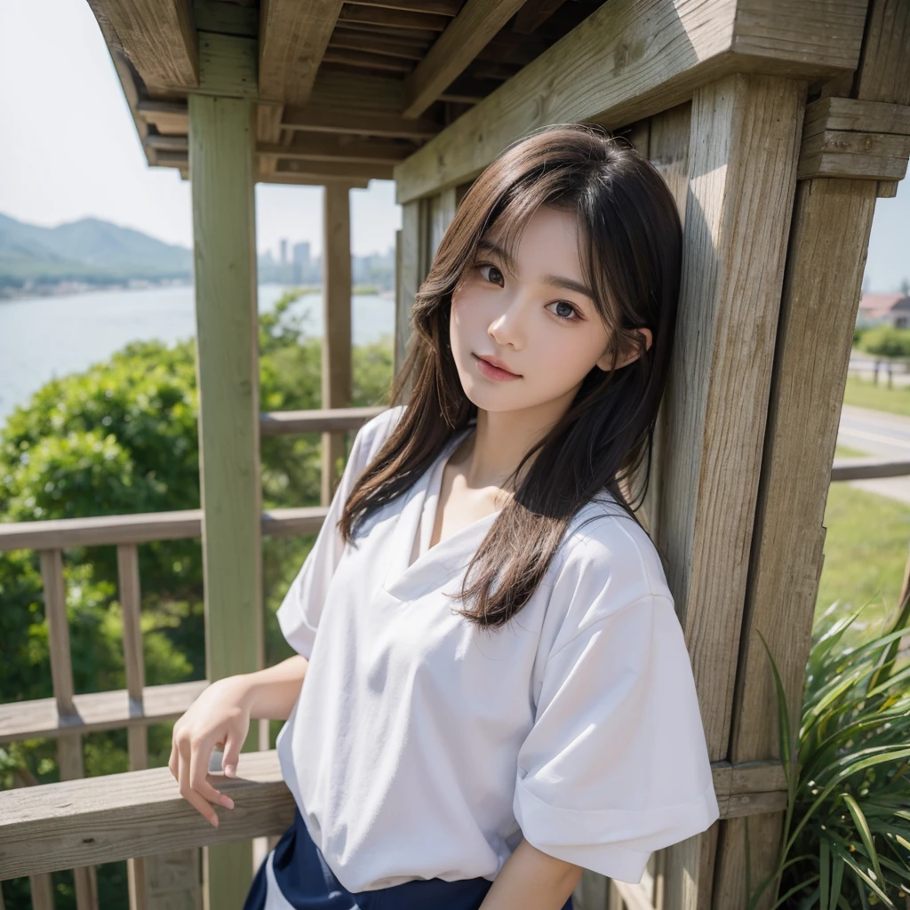 (8k,best quality,masterpiece:1.2),(realistically,realistically,realistically:1.37),2 girls,Ultra-detailed,Beautiful details of the eyes Beautiful details of the nose,Short-sleeved sailor suit,Upper body close-up,Attractions,((stand up)),roof,railing,Small town,tower,telephone pole,plant,front camera