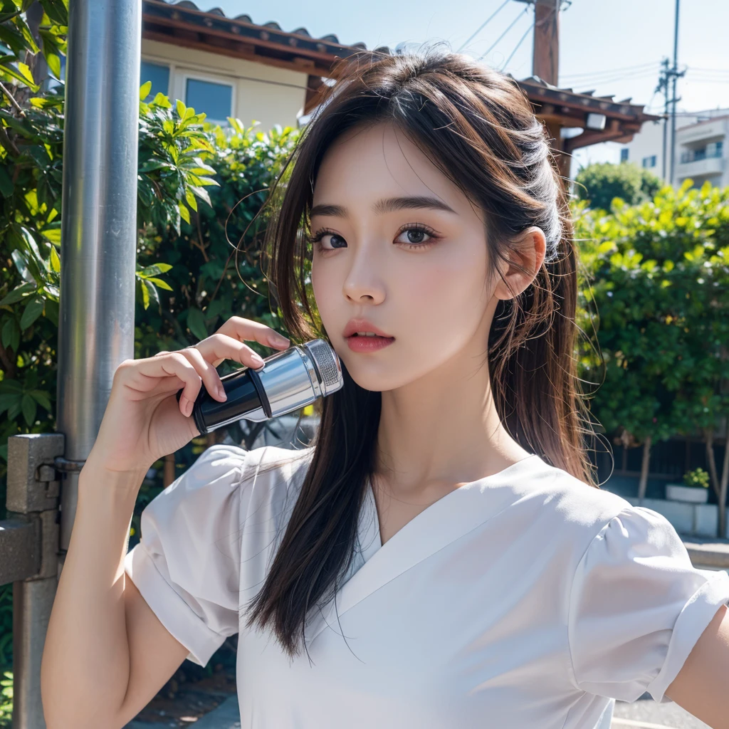 (8k,best quality,masterpiece:1.2),(realistically,realistically,realistically:1.37),2 girls,Ultra-detailed,Beautiful details of the eyes Beautiful details of the nose,Short-sleeved sailor suit,Upper body close-up,Attractions,((stand up)),roof,railing,Small town,tower,telephone pole,plant,front camera