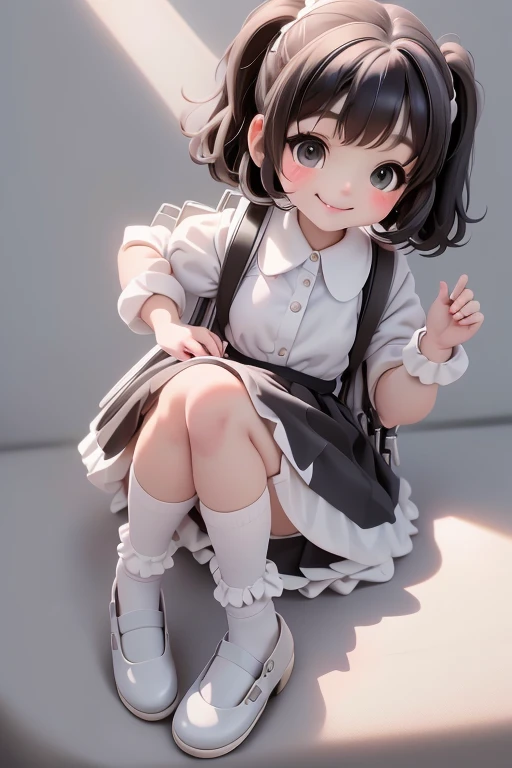 masterpiece, best quality, a cute chibi girl smiling, ((black)) hair, (((white pinafore dress))), (((short))) puffy sleeves, white hairbow, white socks, (((black))) mary jane pumps, school backpack, (((full body))),