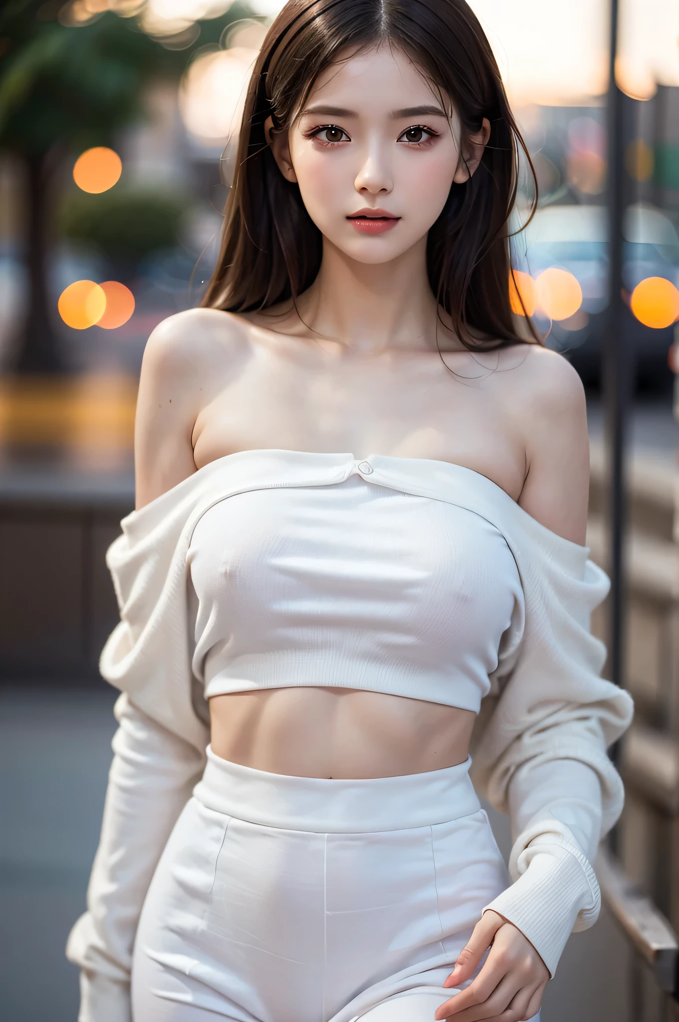 (best quality), (ultra-detailed), (llustration), (detailed light), (an extremely delicate and beautiful), ung girl, brown hair, brown eyes, model, bare shoulders, best quality, extremely detailed CG unified 8k wallpaper, High-definition raw color photos, professional photograpy, (((Bokeh))), depth of fields, twilight, sunset,