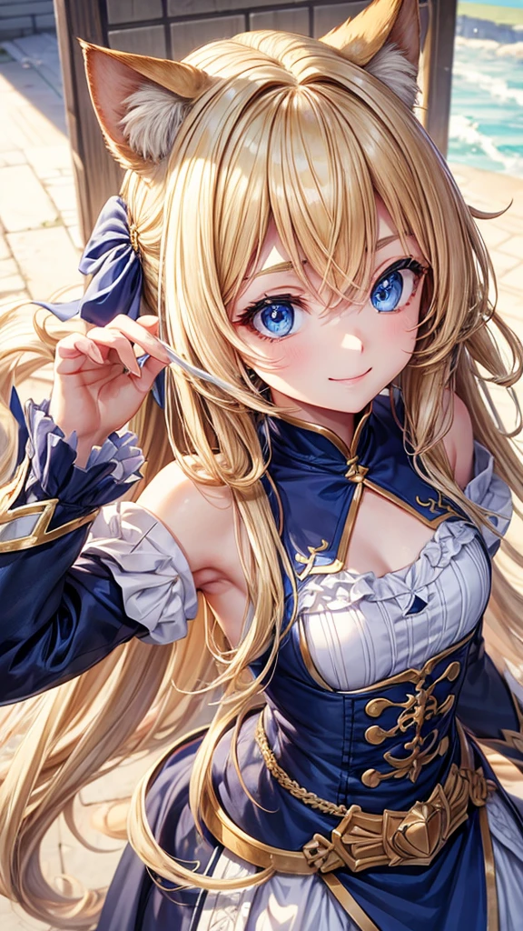 best quality, expressive eyes,Active、blonde、Blue eyes、slim girl、shoulder-length hair、hair is wavy、Beast-eared girl、smile、Cat Girl、big eyes