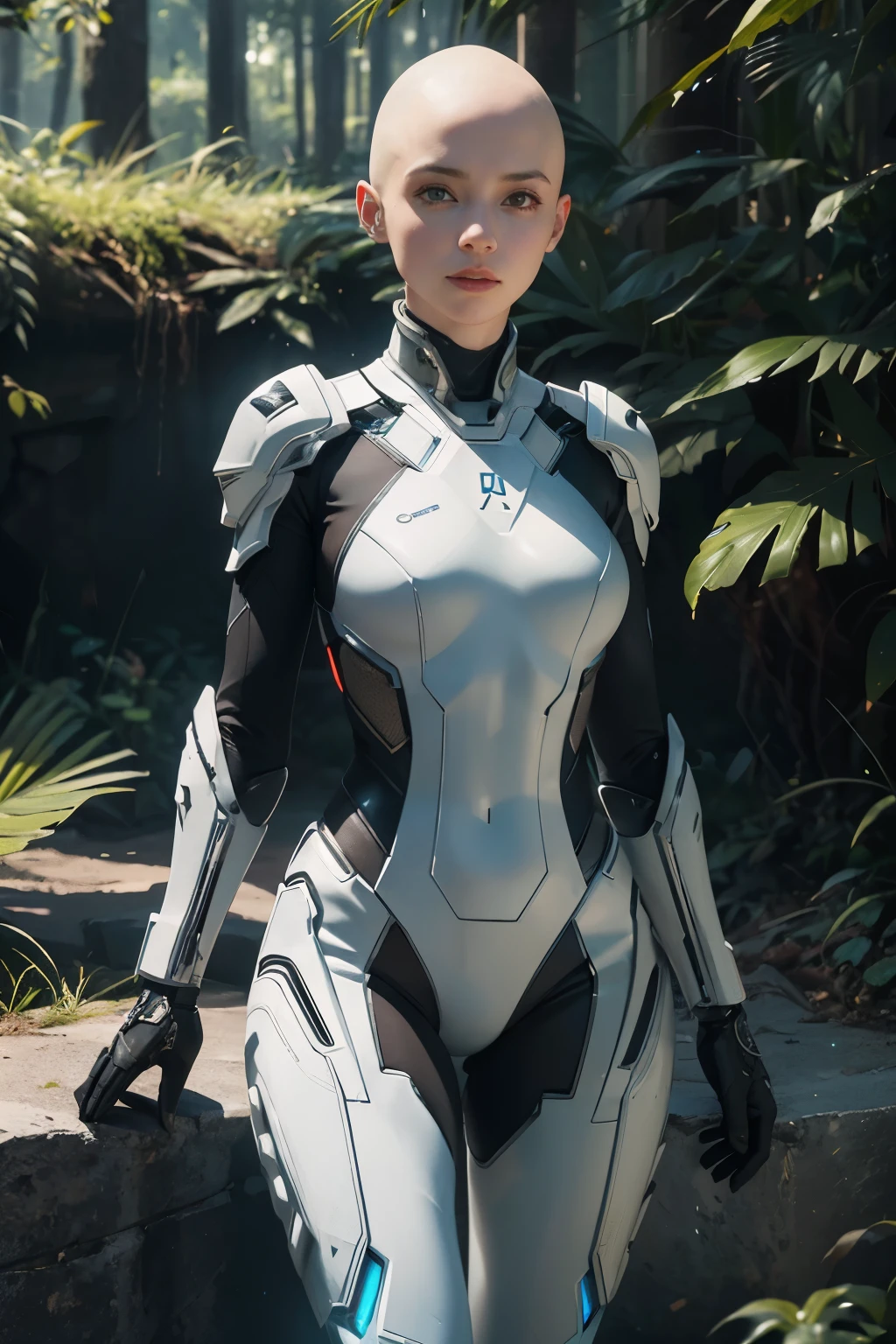 A White sci-fi female armor clad in a full body suit, featuring a sleek cybernetic helmet with intricate details, shines under the natural light in an outdoor photo. The insulated armor, glowing with a subtle sci-fi movie style, covers her bald head protectively. Lots of fine detail can be observed in the photography, capturing every texture and curve of the armor with photorealism. The cinematic rendering and ray tracing bring the image to life, creating depth and realism, making it the highest quality and most highly detailed representation of the third-person view in a sci-fi scene.