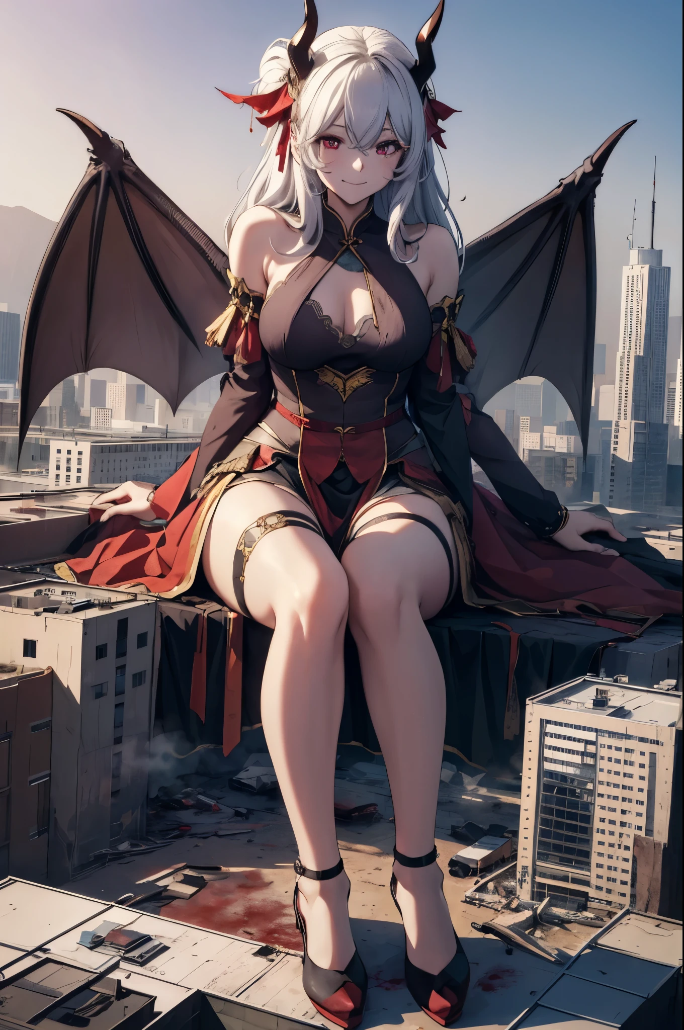 Aerial View,giant girl 50,000 feet high,Have a pair of long legs,Possessing a pair of huge demon wings,With huge devil horns on his head,Has white waist-length hair,loose hair,Wearing a pair of Mary Jane heels,white wavy hair,A look of enjoyment,Sitting on top of a destroyed city,城市到处是blood stains,Beautiful appearance,Exquisite makeup,quality,8k,高quality,(governor:1.5),Perfect proportion, Cinema lighting,film grain,Fuji colors,8k,textured skin,Super details,high detail,high quality,high resolution,explode,fake smile,blood stains,脚底有blood stains,night,whole body,Fat stature