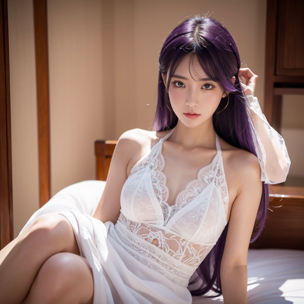 best quality,masterpiece,Very detailed,high resolution,4K,ultra high resolution,Detailed shadows,ultra actual,actual,dramatic lighting,1 girl,alone,Detailed face,actual eyes,actual skin,white dress,purple hair,dynamic poses, white lace dress