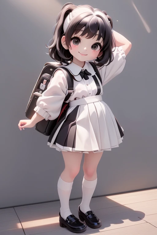 masterpiece, best quality, a cute chibi loli schoolgirl smiling, black hair, (((white ddlers uniform))), (((short))) puffy sleeves, (white hairbow), white socks, (((black mary janes))), school backpack, (((full body))),