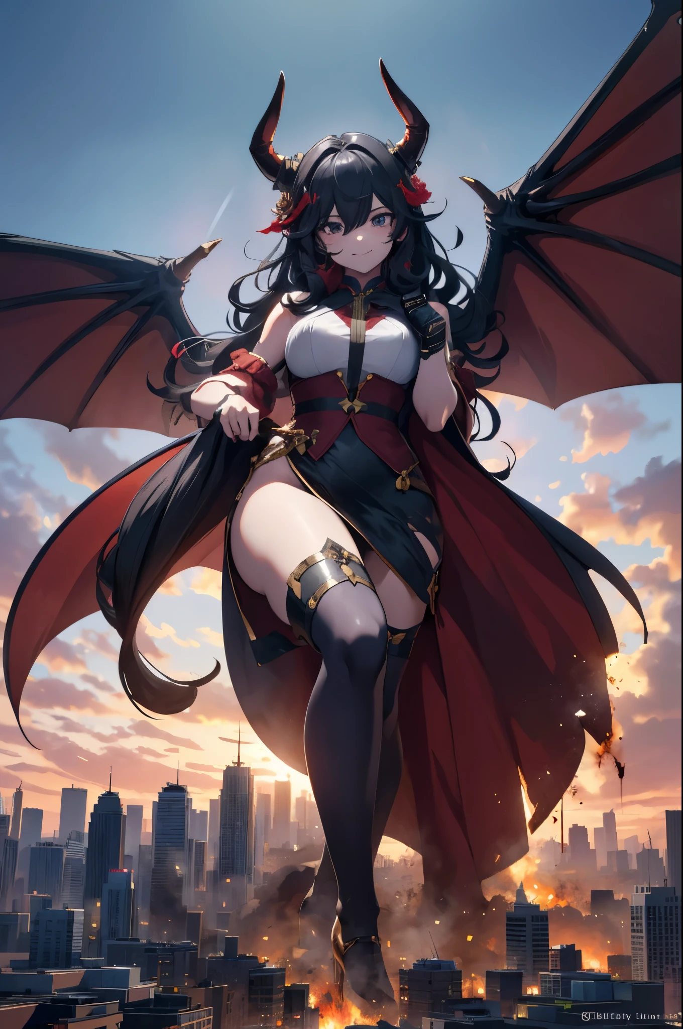 (mechanical), thunderstorm, having sword on fire, necklace on fire, (apocalypse), (flying above the city), masturbation of a majestic huge goddess, get orgasm, open mouth, blush, huge fire looks like wings, drooping eyes, sleepy, 6 arms,