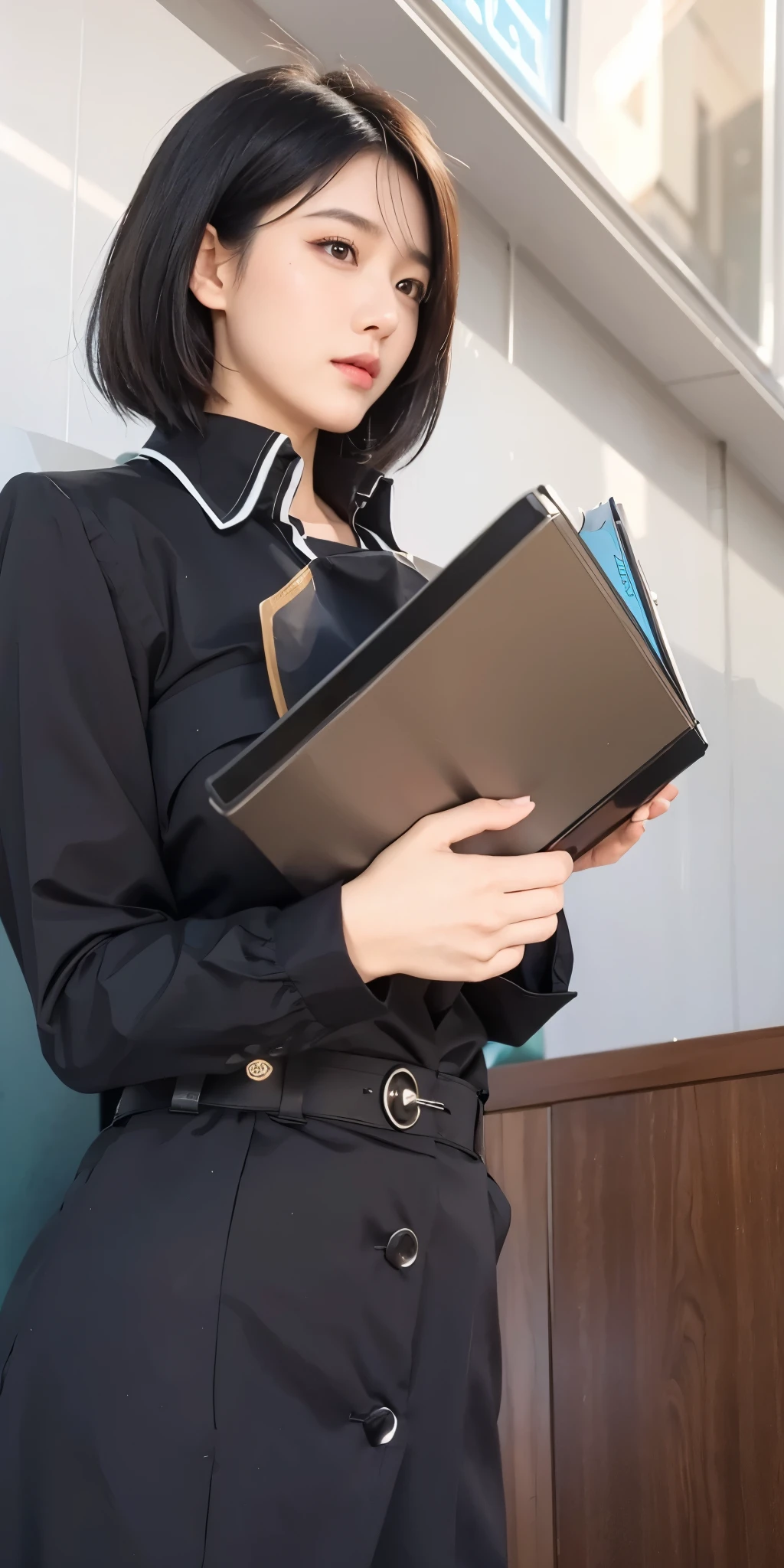 1girl,big breast , black hair, black eyes,high quality, ultra detailed, masterpiece, realistic, teacher clothes