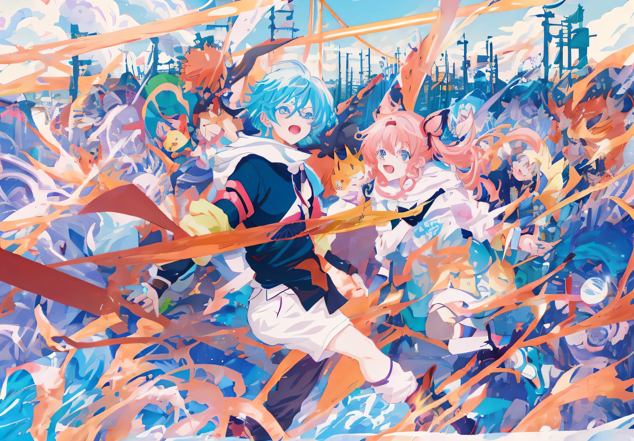 anime characters are running and jumping in the crowd, 4k manga wallpaper, arte chave de anime, caminhada otaku, visual director of the anime”, kyoto animation key visual, kyoto animation anime key visual, Estilo anime 4K, pasta de anime 8k, conceito visual chave do anime art of, arte oficial do anime, Arte Zerochan, zerochan, conceito visual chave do anime, visual oficial do anime