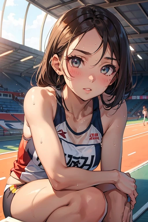 1 beautiful girl ,dynamic angle,girl track and field athlete,small head,big breasts,smart body, beautiful feet,glowing skin, Sweat,at track and field ,(detailed beautiful face:1.4),detailed skin,fine eyes,fine hair,