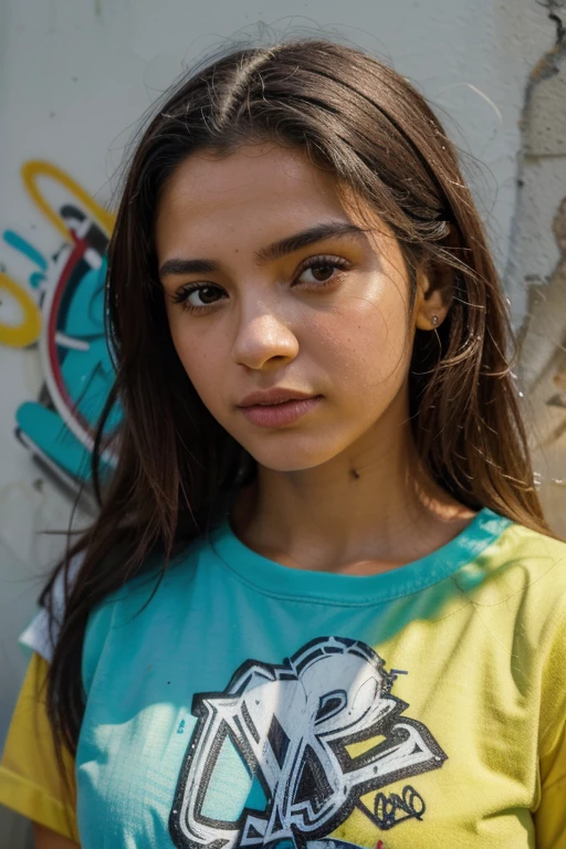 (melhor qualidade), obra de arte, extremely detailed 8K CG uniform illustration, cor alta, extremely cor alta saturation, todas as cores se aprofundaram, pintar, arte do grafite, Central composition, luz e sombra extremamente detalhadas, parede de graffiti, wall pintared bright, 1 menina graffiti 1 menina olhando para a parede, Rosto e olhos extremamente detalhados, Medium length hair, Roupa de esporte, nuvens coloridas