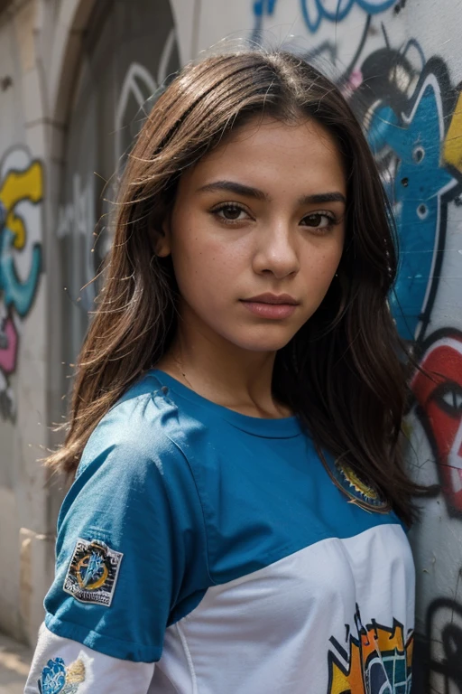 (melhor qualidade), obra de arte, extremely detailed 8K CG uniform illustration, cor alta, extremely cor alta saturation, todas as cores se aprofundaram, pintar, arte do grafite, Central composition, luz e sombra extremamente detalhadas, parede de graffiti, wall pintared bright, 1 menina graffiti 1 menina olhando para a parede, Rosto e olhos extremamente detalhados, Medium length hair, Roupa de esporte, nuvens coloridas