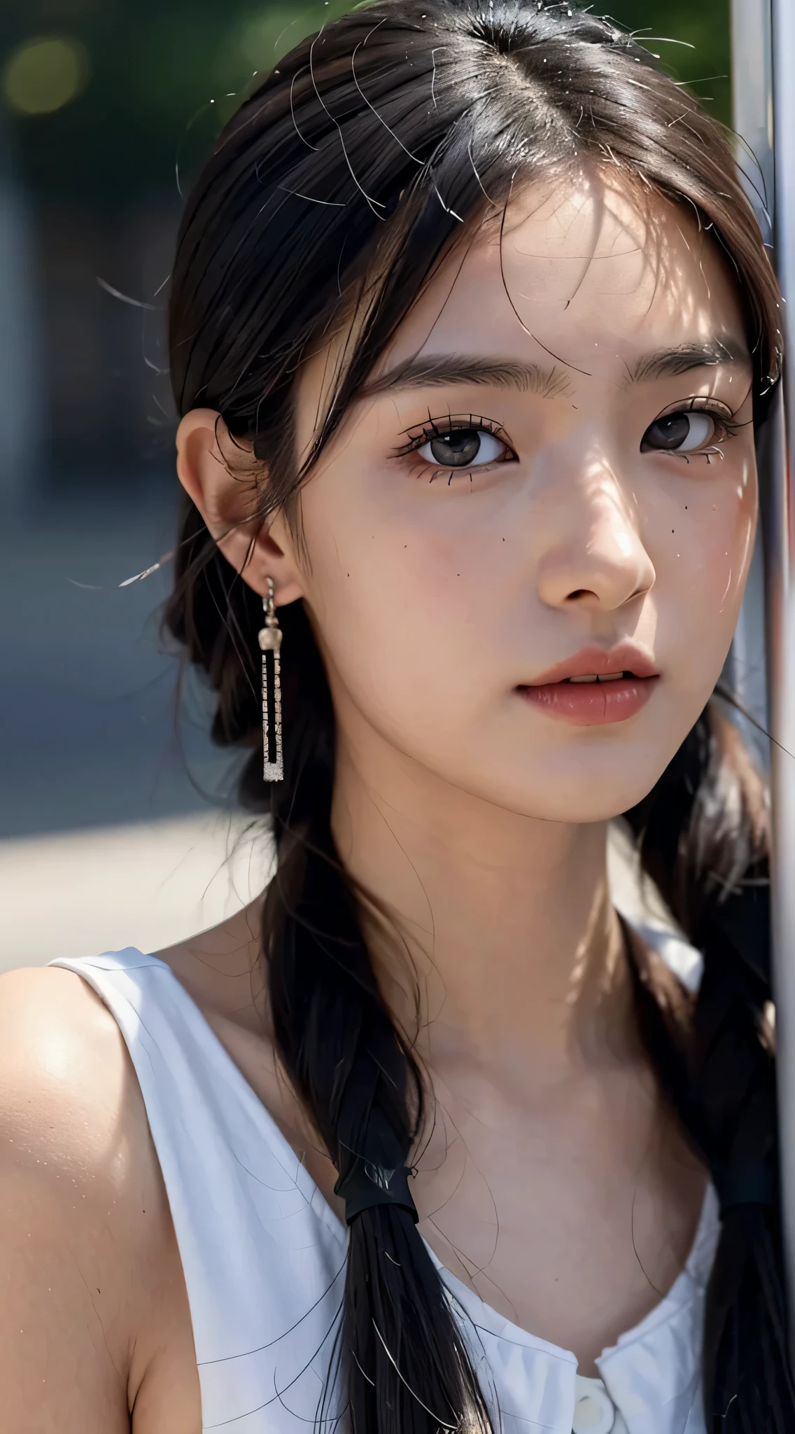 full body photo,table top, best image quality, high quality, background is clear，Beautiful woman, Japanese, be familiar with, be familiar with eyes, be familiar with skin, beautiful skin, 超High resolution, (reality: 1.4),very beautiful woman, A little young face, beautiful skin, thin, (ultra photorealisticim), (High resolution), (8K), (非常にbe familiar with) (beautiful detailed eyes), (超be familiar with),   (be familiar with face), view viewer, small details, be familiar with face, look straight ahead, look straight ahead, reality的な写真, bright lighting, professional lighting, black hair, ,ponytail,baby face,16 years old,髪型はponytail,wear a ribbon,ロングのponytailの髪型,amusement park,night,Enjoying dating,Angle from the waist up,Stand and pose,wear earrings,
