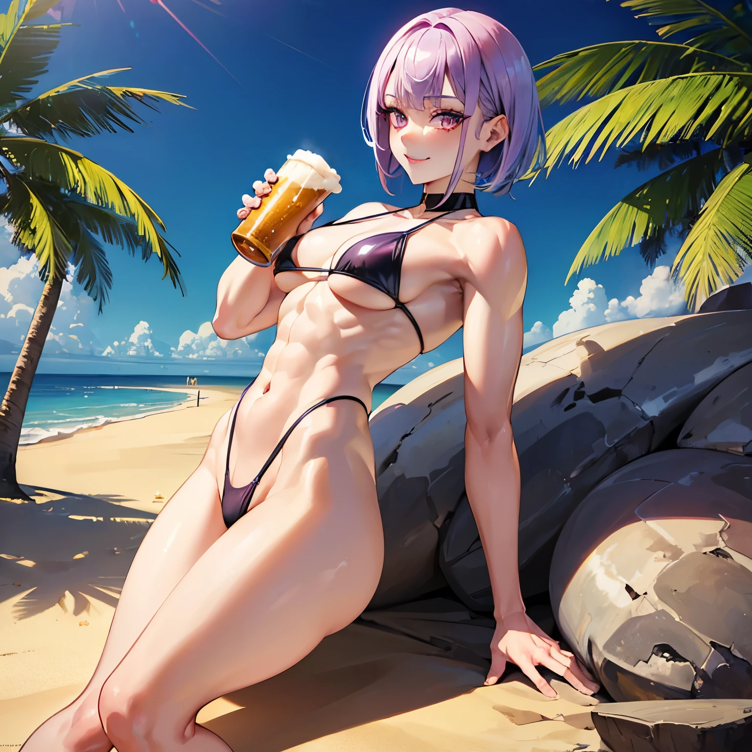 (((1girl) ,pale skin, Masterpiece, ultra quality)), purple short hair, red eyes, posing to pictures, muscle body,strong body, muscle arms, muscle legs,black brazilian micro bikini, oiled body, smiling, drinking a beer, on beach