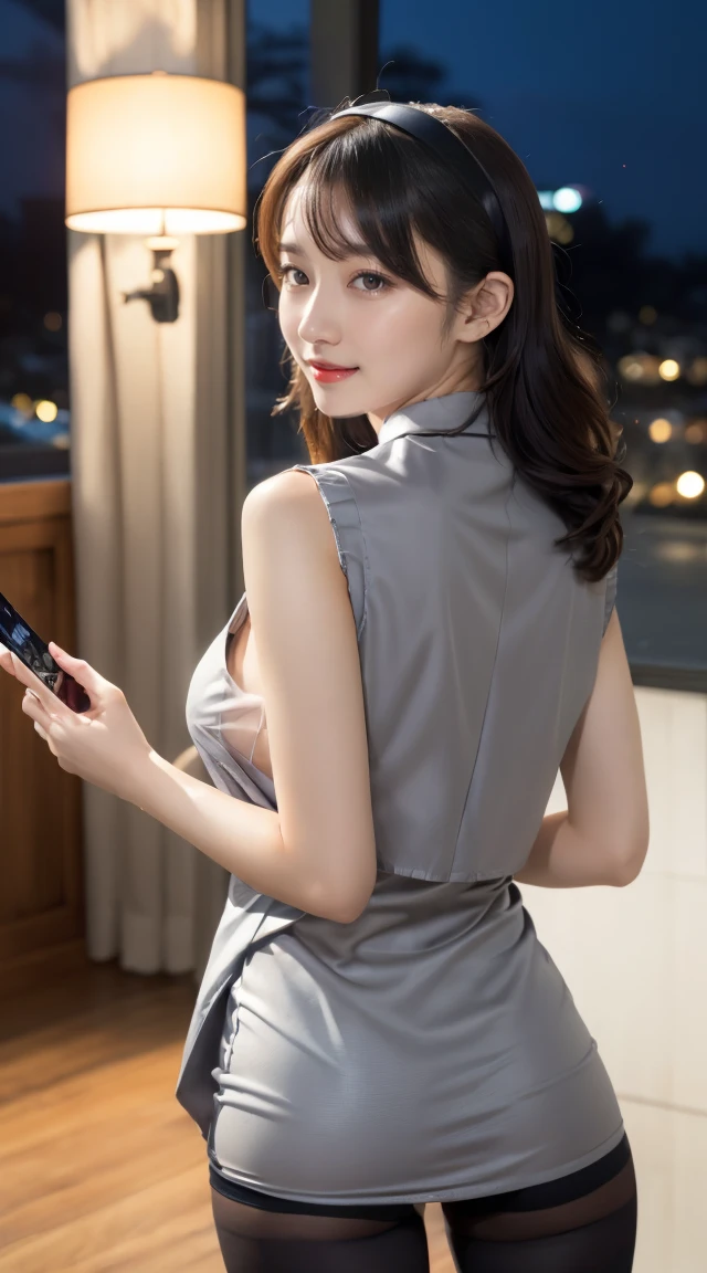 (((full body,including legs)))、(((オフィスレディ、OL、office lady、formal clothes、shiny gray vest)))、(((horseshoe-shaped hairband)))、sexy,formal ,in the bank,vivid color panty,high heel、Dressed up、(Photo real:1.4)、(A hyper-realistic:1.4)、(Photorealistic:1.3)、 (gentle lighting: 1.05)、(Improve the lighting quality of your video:0.9)、32k、 1Girl、25years old girl、photorealistic lighting、Back lighting、Facial Lights、Ray Trace、(bright:1.2)、(Increase quality:1.4)、 (best quality real texture skin)、Fair eyes,Delicate and delicate face、 (tired and sleepy and satisfied : 0.0), Close-up of the face,gray vest,tight gray blouse [button gap :1.2],very tight gray shirt ,((([see through shirts:1.5], {covered nipples}))), gray mini skirt ,(((black see-through stocking))),(Bodyline mood improvement:1.1)、Glossy skin、wavy hair、韓国アイドル、乃木坂アイドル、Sculptural Idol Pose、little smile,blush,Beautiful actress、Neat woman,whole body, midium breasts,(perfect row of teeth),slender waist and hip,beautiful long legs,(full shot)、((8heads tall)、(((誘惑している、恥ずかしい)))、random dynamic pose,(eye shadow),(red cheek、red lips),Super Clean Night View、night time、blush,little smile,(((full shot)))、(((dynamic pose,gravure pose))),(((in the luxury night office)))