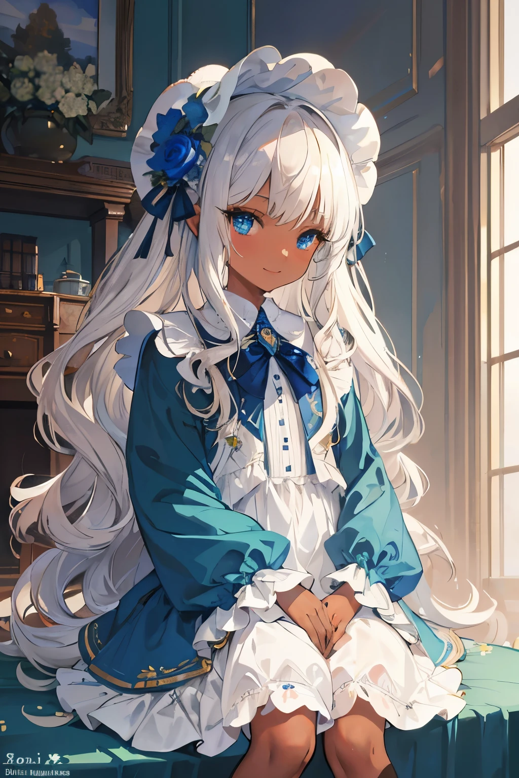 ((masterpiece,High resolution,8K quality,highest quality)),1 little girl,((highly detailed face)),dark elf,delicate eyes,(blue eyes),(hairstyle on:Long Wave,strong wavy hair,stiff wavy hair,platinum hair),dramatic makeup,Lens flare,((brown skin,Arab,tanned skin,brown skin)),green lolita dress,Half bonnet with blue roses on green fabric,white panniers,shy smile,Antique room,art deco room,