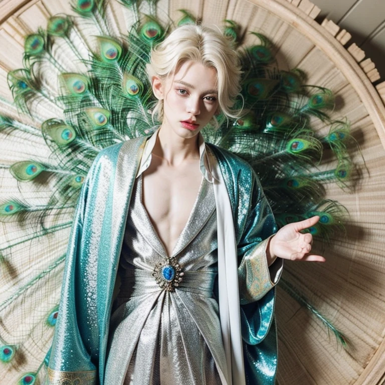 (((best quality, 4k, photo))), (albino androgynous male peacock emperor)