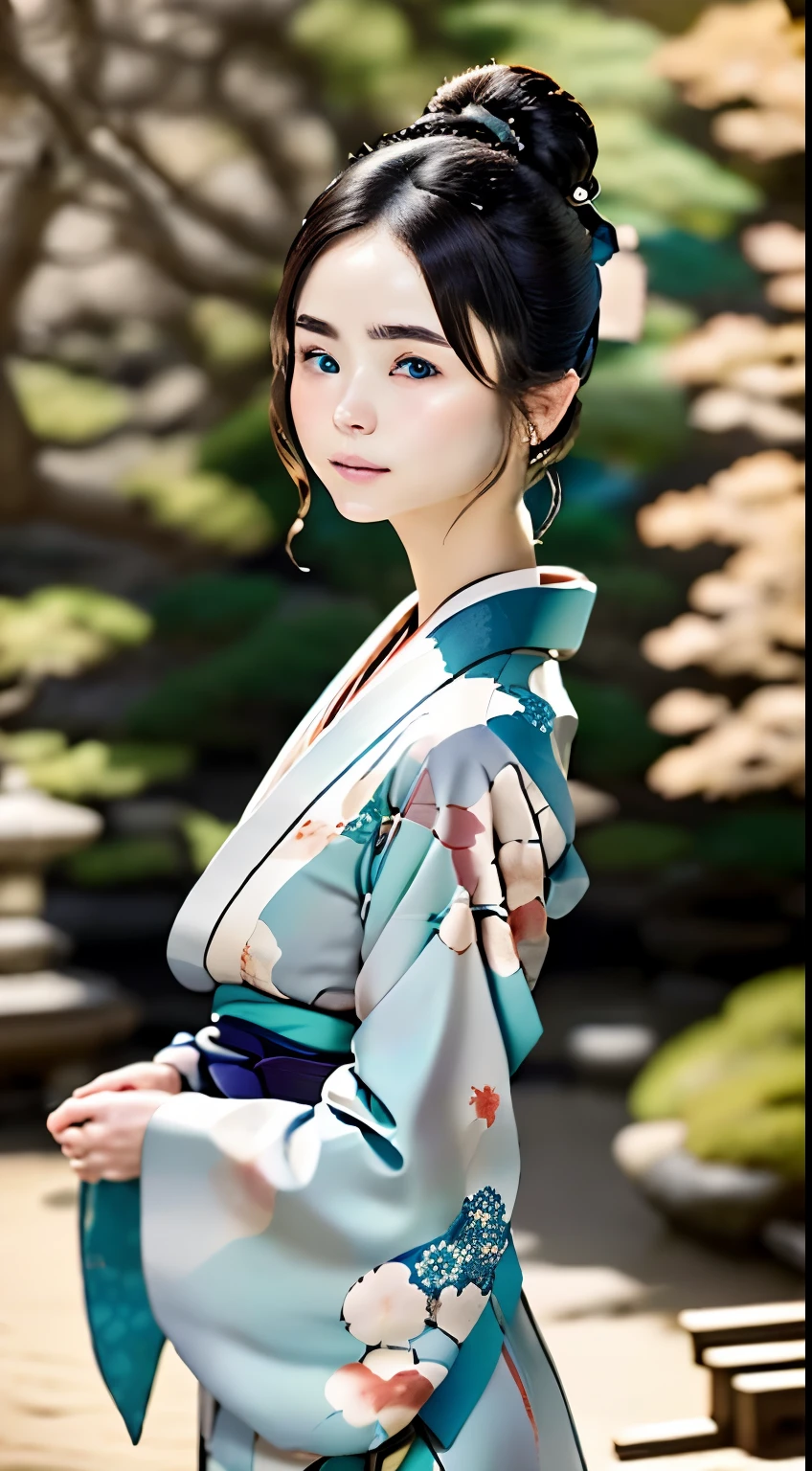 beautiful turquoise eyes、beautiful nordic girl、１６talent、ash gray hair、bun hair、Perfect good looks、Beautiful skin like porcelain、detailed skitomy、Correct depiction of the human body、An ennui look、plump lips、kimono、美しい西陣織のkimono、きめの細かい柄のkimono、Elegant、silence、refinement、highest quality、Highest image quality、master piece:1.3、Portrait、perfect lighting、professional photographer、The background is blurry、blurred background、Gardens in Kyoto、Karesansui、sand and rock garden、old taste