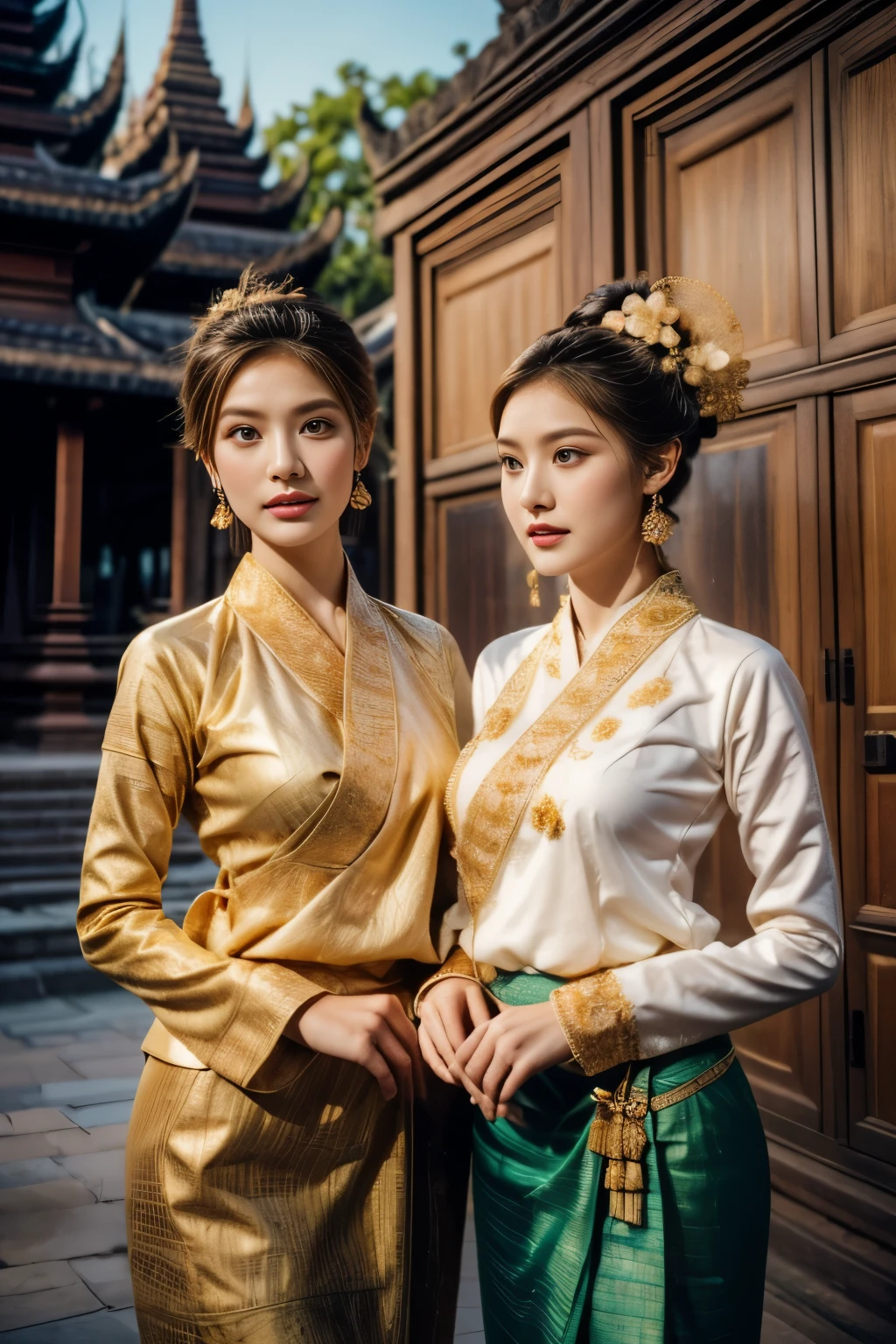 two beautiful young women of Tai Khun descent, adorned in a meticulously crafted Keng Tong Tai Khun traditional outfit, stands gracefully against the backdrop of the majestic Bagan temples. Their attire shimmers with intricate embroidery and gold accents, each element carefully chosen to reflect the rich cultural heritage of her people.
Details:
Facial features: The women's faces are radiant and youthful, with delicate features and captivating eyes that sparkle with warmth and intelligence. Her hair is styled in a messy bun adorned with fresh flowers and secured with a gold pin, adding a touch of elegance and whimsy.
Traditional outfit: The Keng Tong Tai Khun outfit is a top tank style masterpiece of craftsmanship, featuring vibrant silks, intricate embroidery, and delicate gold embellishments. The long, flowing skirt cascades gracefully around her legs, while the fitted bodice accentuates her slender figure. A traditional headdress adds a regal touch to her ensemble.
Accessories: The women's beauty are further enhanced by a dazzling array of traditional jewelry. Bangle bracelets encircle her wrists, a statement necklace adorns their neck, and delicate earrings dangle from her ears. Each piece is intricately crafted and adds a touch of luxury to her overall look.
Bagan temples background: The ancient Bagan temples provide a breathtaking backdrop for the portrait. Their weathered brickwork and towering spires add a touch of grandeur and mystery to the scene. The warm hues of the sunrise or sunset bathe the temples in a golden glow, creating a truly magical atmosphere.