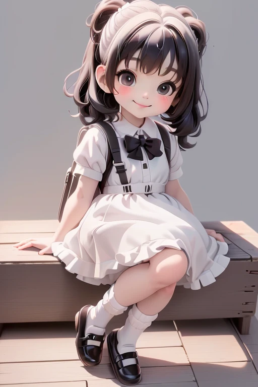 masterpiece, best quality, a cute chibi girl smiling, ((black)) hair, (((white pinafore dress))), (((short))) puffy sleeves, white hairbow, white socks, (((black))) mary jane pumps, school backpack, (((full body))),