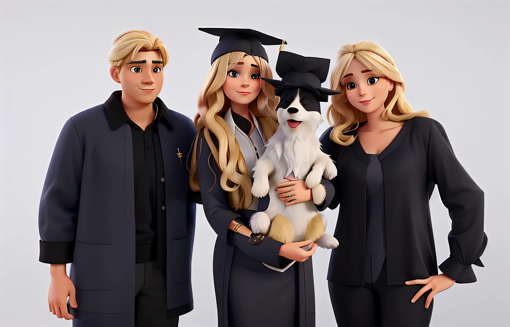 um senhor de cabelos grisalhos, a young blonde woman in a graduation robe and hat holding a dog in a graduation hat and a blonde lady in a black sleeved blouse in Disney Pixar style, alta qualidade, melhor qualidade