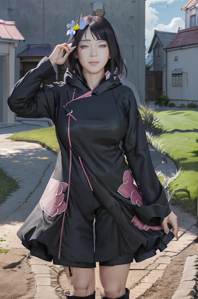 masterpiece, absurdres, hinata\(boruto\), 1girl, solo,mature female, black hoodie,layered sleeves, black pants, outdoors,lavender flower field, looking at viewer, (falling petals), cloudy sky, perfect composition, detailed lips, big breast, beautiful face, body propotion, blush, (pink lips), long hair, purple eyes, soft gaze, sad smile, super realistic, detailed, photoshoot, realistic face and body, realistic hair, realistic eyes, realistic nose, realistic lips, black dress