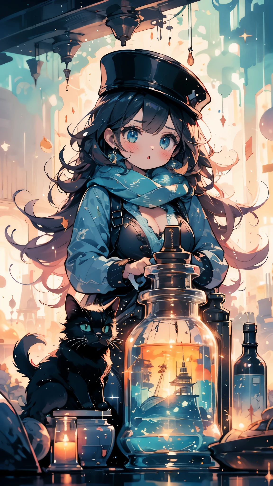 wide angle,High quality,deep blue world,Angle from above,daytime,odd-eyed１With black cat１girl, girlは微笑む,black cat is sitting,warm hat and scarf,Her waist-length red hair is waving in the wind.,delicate makeup,big breasts,beautiful breasts,とてもshort bangs,Sparkling diamond necklace and earrings,delicate makeup,beautiful eyes,color contact lenses,short bangs,Sparkling glitter,Sparkly glitter
