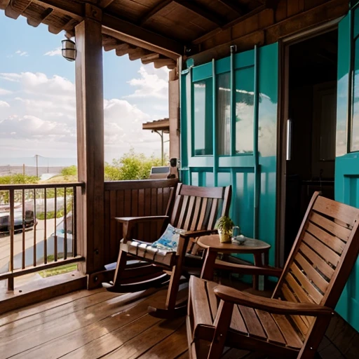 House made from shipping containers antique decoration There is a balcony and rocking chairs. An old man sitting in a rocking chair Hand holding a coffee mug Evening sunlight, beautiful and realistic images, taken by a professional, beautifully lit.