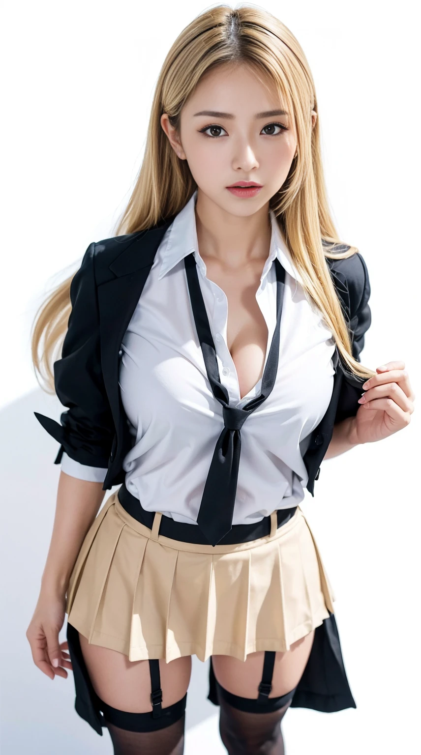 Woman in short skirt and tie, thighhighs and skirt, thong,(Cute Schoolgirl), (a hyper realistic schoolgirl) ,pierce , School Girl , wearing skirt and high socks, wearing skirt, Wearing white shirt school uniform,side-strap thong white panties, High school girl posing, (white background:1.3),BREAK ,  1 girl, solo, show skin, cleavage ,extremely beautiful lady hands on hips,(looking up at viewer:1.2), (bird's-eye view:1.2), busty, nipples, intricate details, athletic and fit body, naughty, slutty, perfect hands, detailed hands, perfect eyes, detailed eyes,(serious:1.1),(gyaru:1.2), (tanned skin:1.5), (dynamic pose) ,(long  blonde Nadia:1.6),(wind:1.45), realistic, HDR, UHD, dynamic,(colorful) , blooming light effect,nsfw,