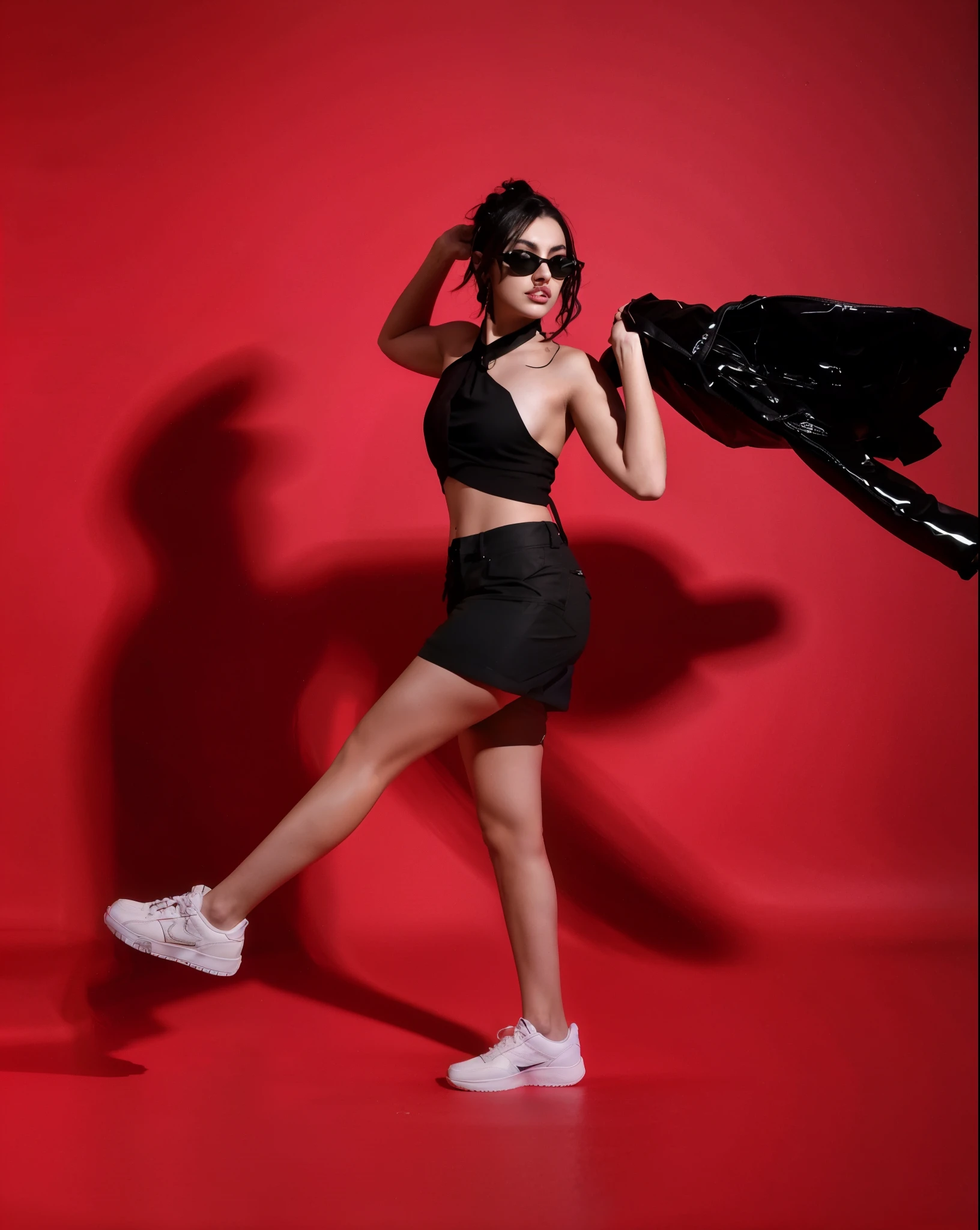 araffe beautiful woman , with beautiful face, in black top and shorts holding a black jacket, modeling photography, charli xcx, fashion photograhy, photo from a promo shoot, high - end fashion photoshoot, fashion model photography, full shot fashion photography, promotional photoshoot, action glamour pose, photoshoot, solo photoshoot, clothing photography, fashion photography, fashion photoshoot, promo shoot