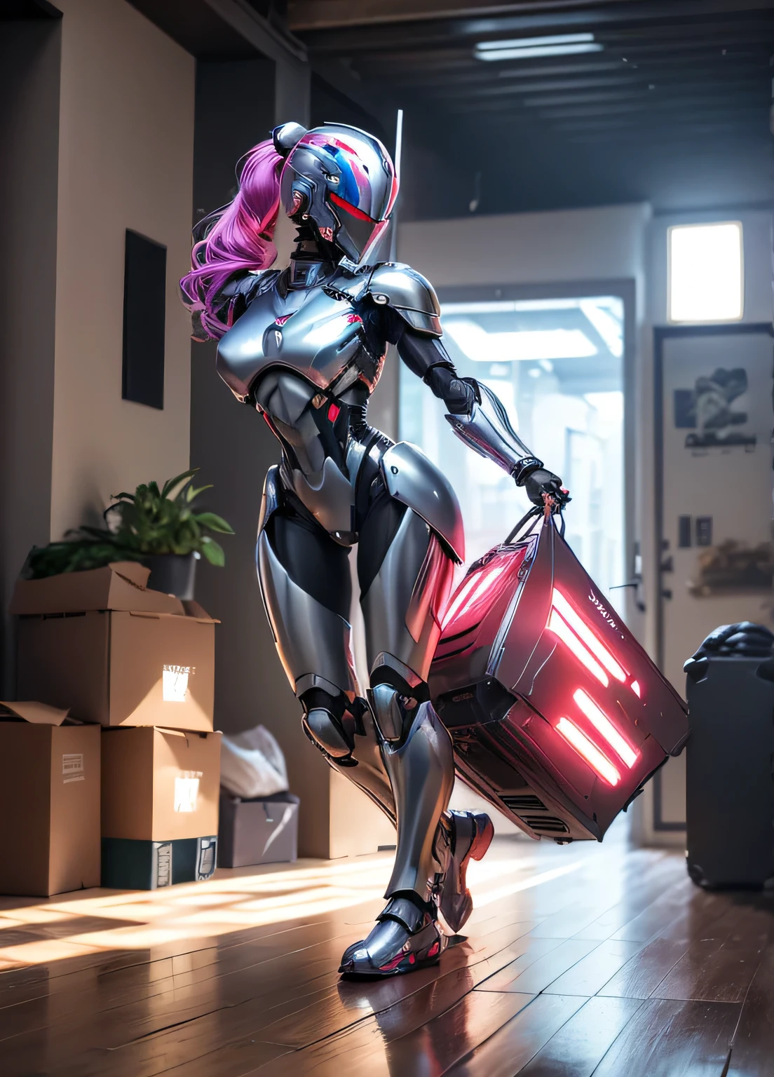female robocop solo、Armor that completely covers the whole body、very large armor、Helmet to hide your eyes、Rainbow Armor、Armor that completely covers the chest、thin and long legs、Vibrant Posel Body View、big and full breasts:1.5, (Moving body:1.5), Arafe woman solo with ponytail hair