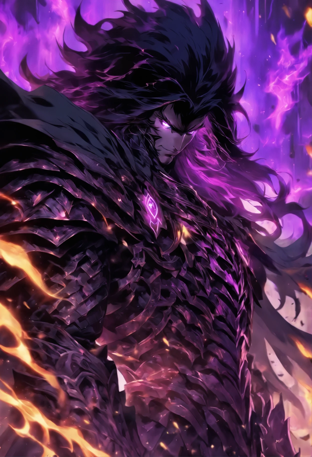 Male anime character with long black hair and purple eyes, Character Album Cover, full art, fantasy character, full art illustration, full portrait of elementalist, character profile art, official character art, official character illustration, merlin, high detailed official artwork, Game Keys, otzi, Mobile game art, Mean face, Thorny dark armor, walking pose, Purple flames, Dark castle on background, Full body armor, Dark Knight