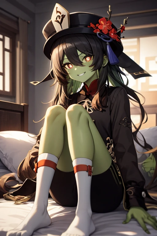 masterpiece, best quality, Walnut V4,a girl，zombified，alone,Symbol shaped pupils, flower shaped pupils, green skin，Smile,green skin，long sleeves, jewelry, flower, sitting on bed，thigh, green skin，shorts, sock, green skin，black hat, Chinese clothes, green skin，黑色shorts, ring, black hair,green skin