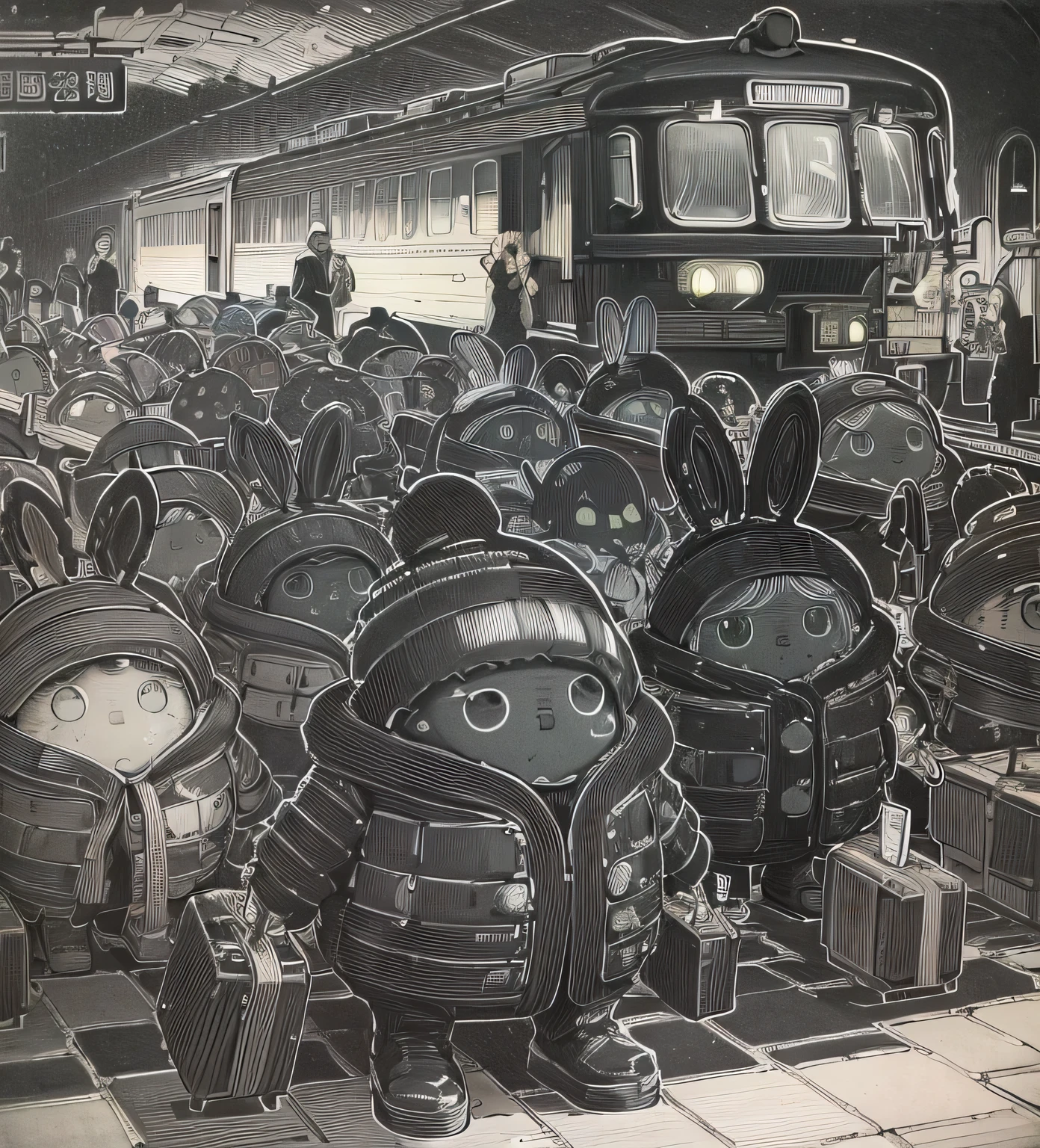 Drawing of a group of people standing in front of a train, totorrl, cabbage art, hyper Detailed line art, black line art, thick line draft, intense black line art, Monochrome artwork!!, Illustration line art style, Line art illustration, Japanese animation style, Detailed line art, author:Nobusada Yanagawa, Anime city line drawing
