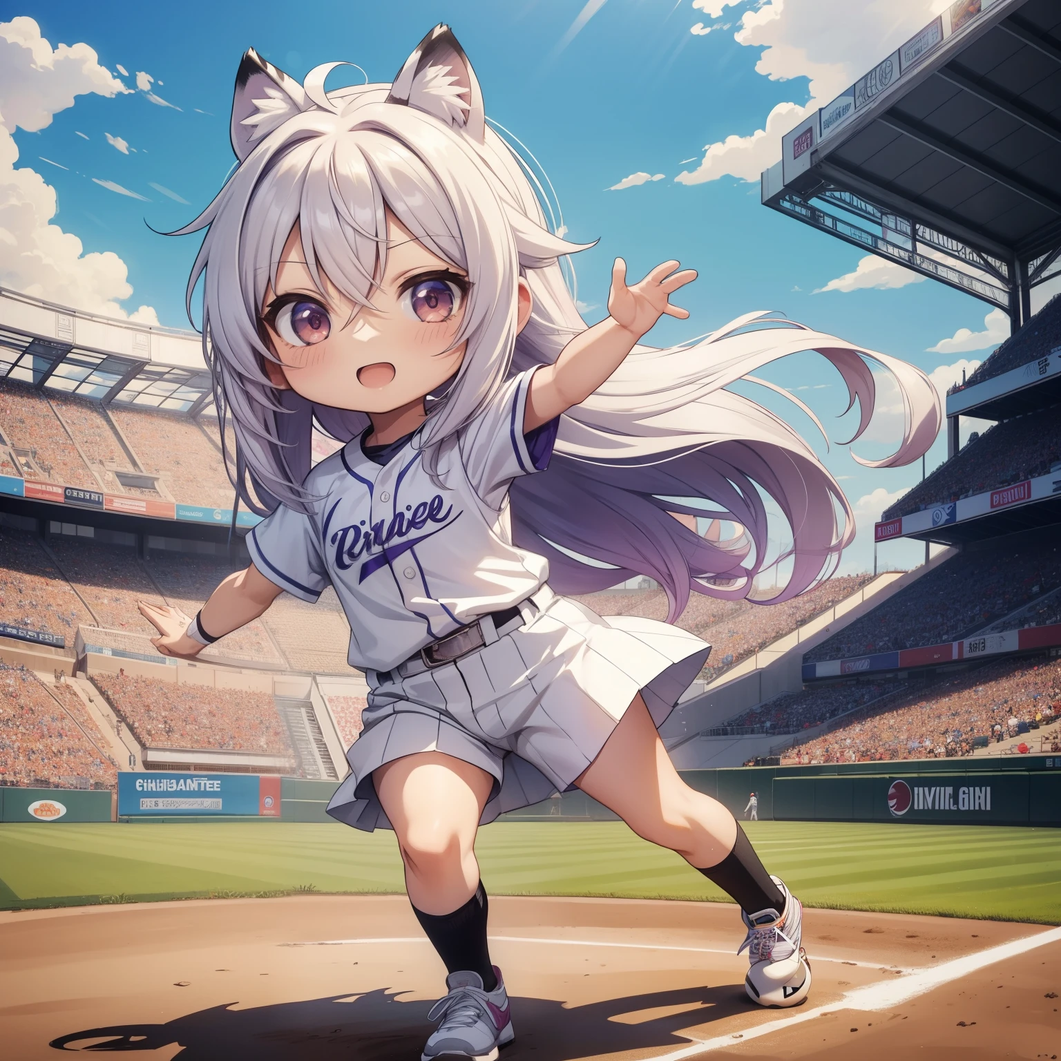 ((chibi:1.5)), (masterpiece), (best quality), high resolution, ultra detail, photorealistic, 8K, 1girl, cute girl, glowing purple eyes, white hair, long hair, straight hair, white tiger ears, female baseball player, baseball uniform, white shirt, playing baseball, Catching a ball, Sprinting, baseball Ground