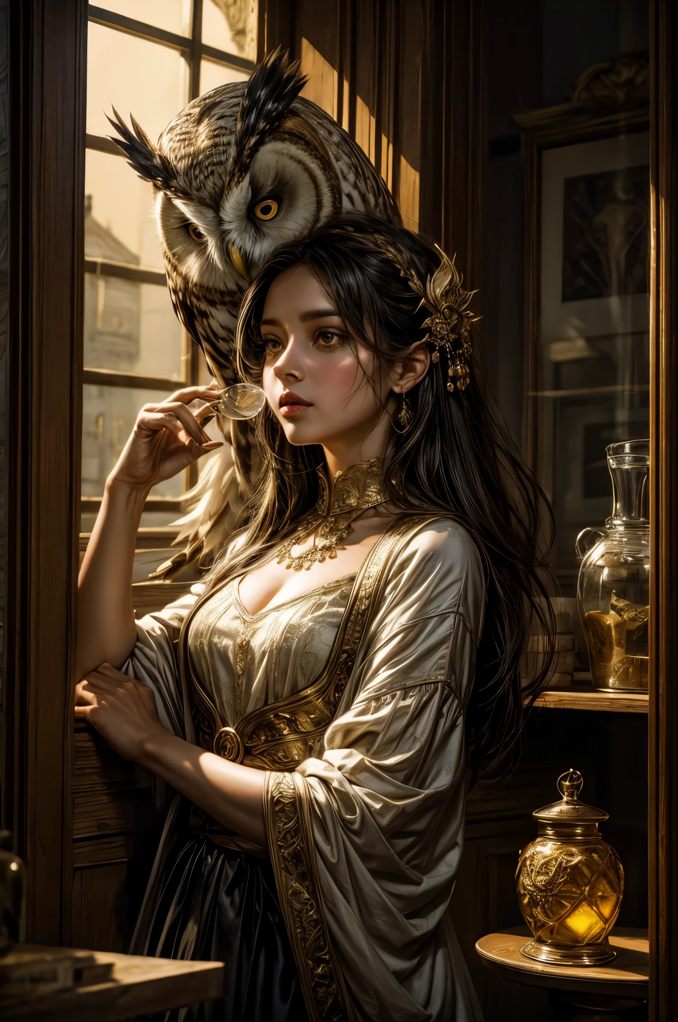 Paint a poetic scene where a girl, her head adorned with an owl's features, discovers the magic within a Pharmacie. Jars of secrets surround her, and the evening light, filtered through tinted glass, gently kisses the surroundings. Craft an ((emotional)) and evocative artwork that speaks to the mysteries of the night.