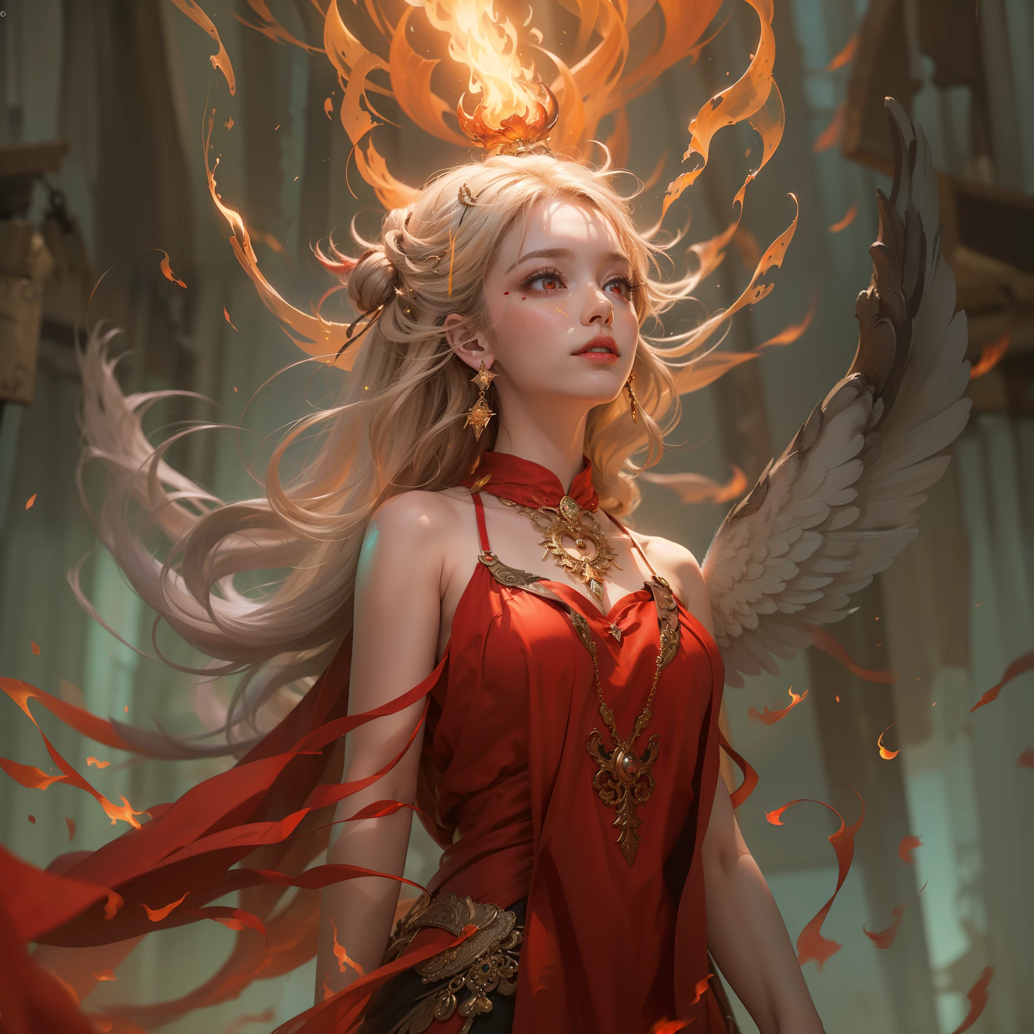number々Award-winning masterpieces of, with incredible detail, textures and maximum detail), (hyper Realistic:1.4), (Realistic:1.3), (Top quality real texture skins), (precise, Perfect circle, Symmetrical, Eye-catching, Delicate face, ((medieval world)), (((full-length portrait))), ((angel of fire)), ((angel of hell fire)), (let your eyes burn brightly ), (((full-body standing image))), (She has a mischievous smile on her face), (Eyes that glow red in the dark:1.5), (A pair of red eyes with strong red light emitting from within:1.5), bio luminescent, (背景にSwirling flamesと炎), (Dramatic light), (A majestic sight), (Her countenance is gentle and beautiful, however、Somehow horrible), Glass earrings on the ears, (dramatic photography:1.4), (((gives full-body standing image))), ((dramatic pose)), (flamboyant photo), (Golden hair), (Silver hair), (Chestnut hair), short cut hair, ((looks up)), ((Looking down)), (Around her neck is an elaborately crafted necklace..), (bio luminescent with brilliant brilliance:1.3), (Use fancy flame magic:1.2), (Swirling flames), The Great Temple of the Devil, cathedral、 (Luminous magic circle), Ruins of an ancient castle, Shining majestic cloud masses and sky, lightning bolt, epic Realistic, Faded, Art Book, (Greg Rutkowski:0.8), (teal and orange:0.4), (Art Book station:1.5), Cinematic, ((Neutral colors)), (nffsw:1.5), (Muted colors:1.2), Hyper Detailed, Dramatic light, (Intricate details:1.1), Complex background,fierce flames surround