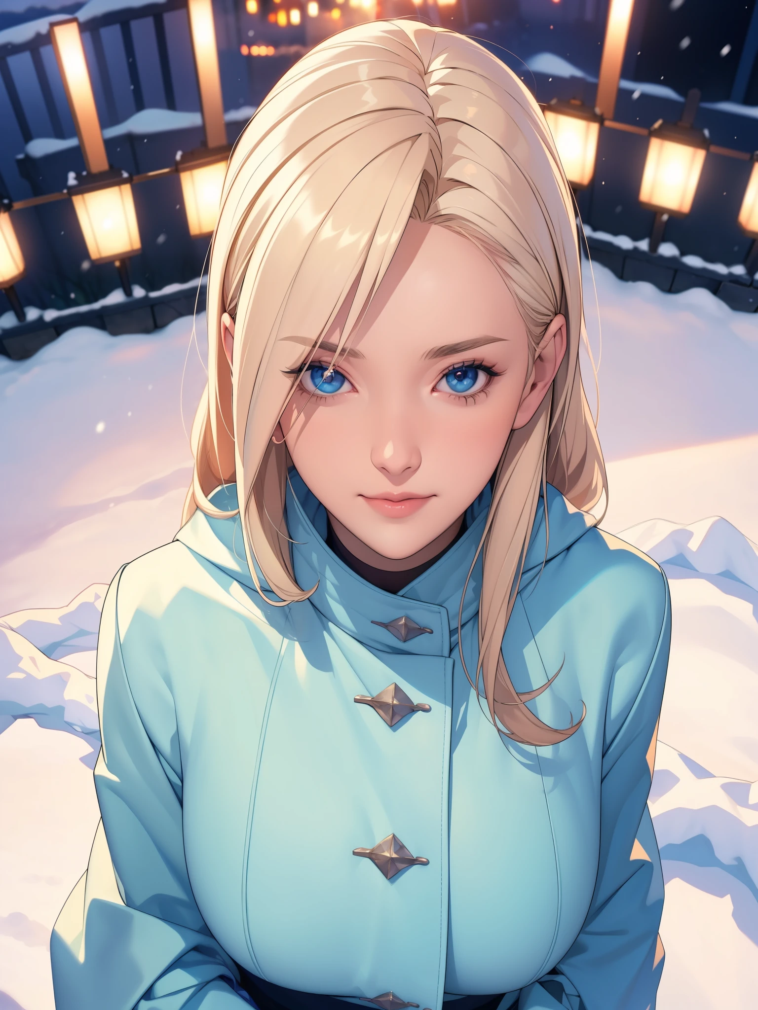 (masterpiece), (best quality), 1 girl, (perfect face:1.2), (pretty face:1.2), platinum blonde, (from above, Upper body:1.3), happy, faint smile, looking at the audience, posture,
winter coat, outdoor, winter, snow, at night, complex, depth of field, Cinema lighting,