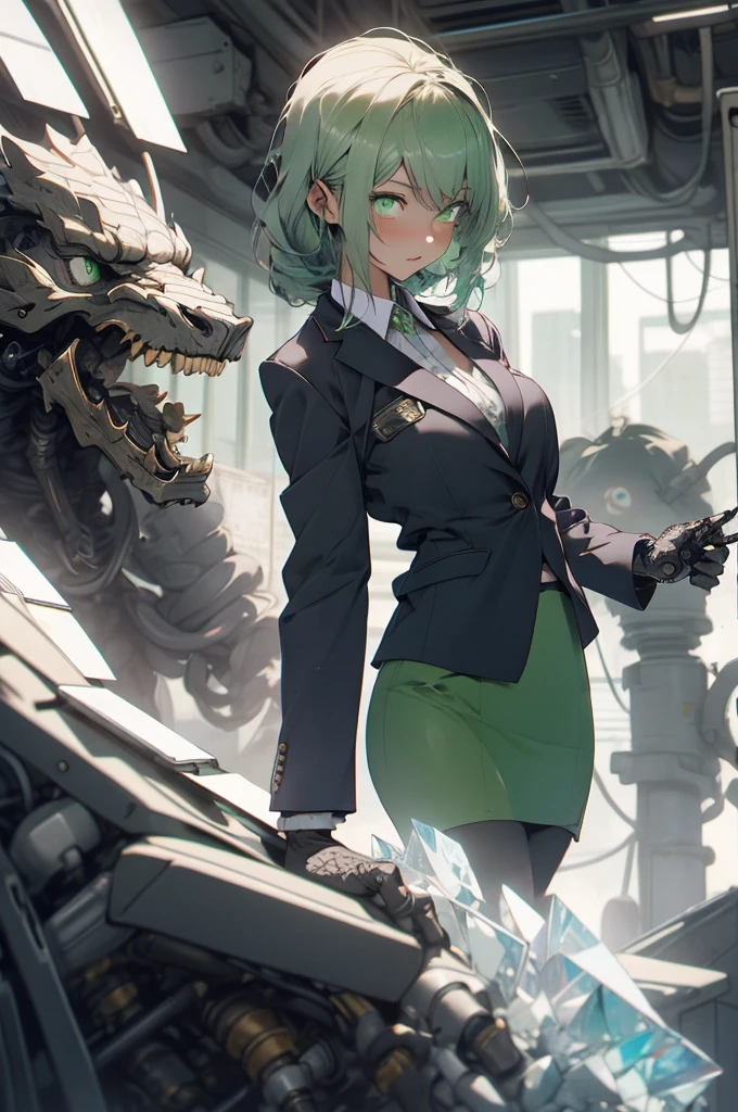 be realistic，（masterpiece，highest quality，highest quality，very detailed，fractal art，most detailed，（abstract background：1.5）（1 girl），Kamimei，（hair length），（Chest with shining green eyes，stunned)，crystallization，sexy，Mechanical Armor，tanned skin、Blake、(office wear blazer、white cutter shirt、black pencil skirt、pumps)