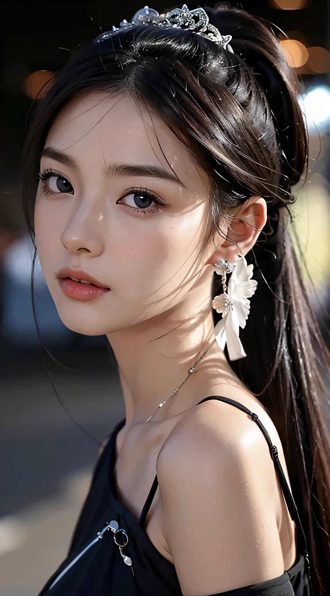 full body photo,table top, best image quality, high quality, background is clear，Beautiful woman, Japanese, be familiar with, be familiar with eyes, be familiar with skin, beautiful skin, 超High resolution, (reality: 1.4),very beautiful woman, A little young face, beautiful skin, thin, (ultra photorealisticim), (High resolution), (8K), (非常にbe familiar with) (beautiful detailed eyes), (超be familiar with),   (be familiar with face), view viewer, small details, be familiar with face, look straight ahead, look straight ahead, reality的な写真, bright lighting, professional lighting, black hair, ,ponytail,baby face,16 years old,髪型はponytail,wear a ribbon,ロングのponytailの髪型,amusement park,night,Enjoying dating,Angle from the waist up,Stand and pose,wear earrings,