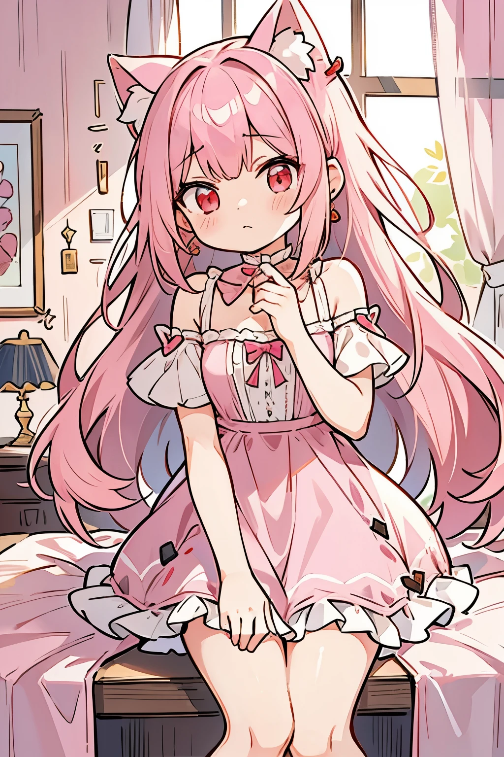 best quality, on the table, 1 girl, mine, (thin and long:1.3), Medium chest:1.3), very long hair, (side fringe:1.3), (detailed red eyes:1.1), looking at the audience, a sense of depth, (thighs thighs thighs thighs:1.2), earrings, (pink cute room:1.4), (hairpin:1.3), cat ears, Thigh thigh thigh women's dress:1.5), earrings, lean forward, chuckle,