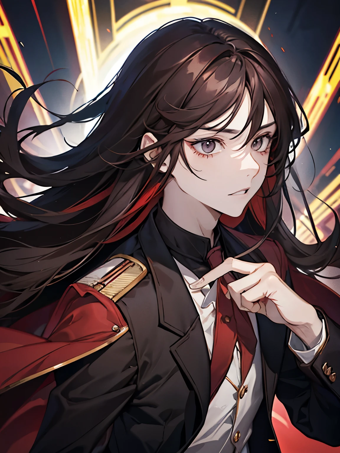 Dark brown eyes, Round eyes, Long hair, Dark red hair, Straight hair, using school uniform for a senior boy, in the school, normal face, bright color.