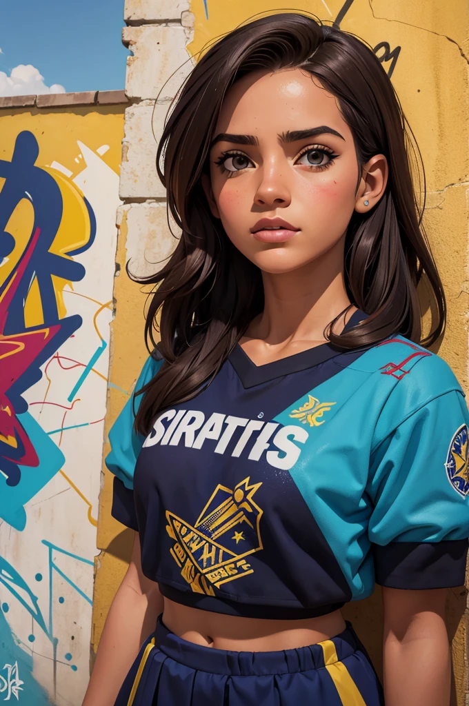 (melhor qualidade), obra de arte, extremely detailed 8K CG uniform illustration, cor alta, extremely cor alta saturation, todas as cores se aprofundaram, pintar, arte do grafite, Central composition, luz e sombra extremamente detalhadas, parede de graffiti, wall pintared bright, 1 menina graffiti 1 menina olhando para a parede, Rosto e olhos extremamente detalhados, Medium length hair, Roupa de esporte, nuvens coloridas