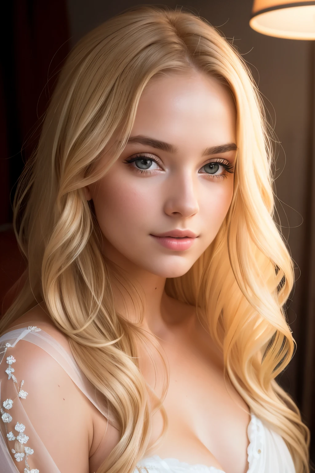 Beautiful blond girl, raw, radiating ethereal beauty, long golden waves cascading down her shoulders, ((Portrait)), ((Detailed face:1.2)), ((detailed facial features)), finely detailed skin with a gentle sun-kissed glow, lying on a plush bed in a soft pink room, ((Bedroom environment)), ((cold color)), enveloped in a light and airy linen sheet, Reflectors adding depth to her captivating features, photographed in a Canon EOS R5, 50mm Lens, F/1.8, high resolution, (8K) (Wallpaper) (Cinematic lighting) (Dram