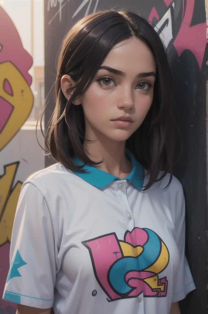 (melhor qualidade), obra de arte, extremely detailed 8K CG uniform illustration, cor alta, extremely cor alta saturation, todas as cores se aprofundaram, pintar, arte do grafite, Central composition, luz e sombra extremamente detalhadas, parede de graffiti, wall pintared bright, 1 menina graffiti 1 menina olhando para a parede, Rosto e olhos extremamente detalhados, Medium length hair, Roupa de esporte, nuvens coloridas