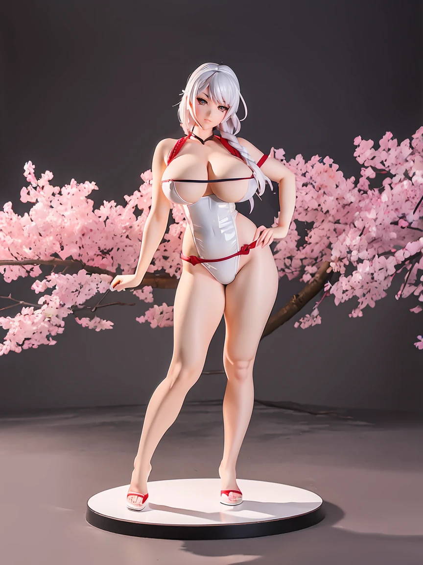 1girl, enormous breasts, curvy figures, seductive smile, full body, detailed eyes, white hairs, red eyes, white dress, braided hairstyle, sakura tree high res, (masterpiece),cowboy shot,