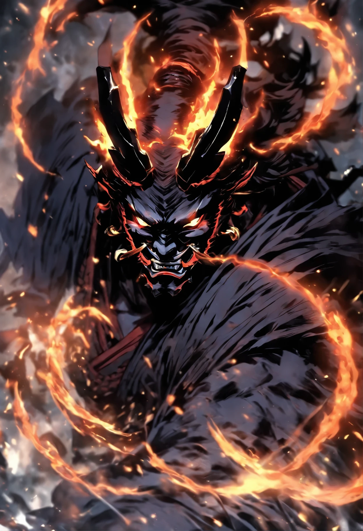 In the depths of a moonlit abyss, a fearsome figure emerges from the shadows. Meet the Shadow Shogun Demon, an embodiment of darkness and eternal strife. Clad in impenetrable armor, crafted from the essence of midnight, every piece whispers of power and mystique. A sleek, obsidian helmet conceals his face, leaving only the glint of his piercing, coal-black eyes visible, radiating an alluring malevolence. His most striking feature, however, lies in his noir black Oni mask. Carved with meticulous precision, the mask morphs into a twisted, sinister grin, captivating both awe and terror. With a battle stance that exudes confidence, the Shadow Shogun Demon stands poised to strike, his ebony sword glistening ominously in the moon's faint glow. Shadows swirl and writhe around him, as if they are extensions of his very existence. The air crackles with suppressed energy, eager to be unleashed upon any who dare challenge this enigmatic being. Will you stand against the shadow, or be consumed by its darkness?